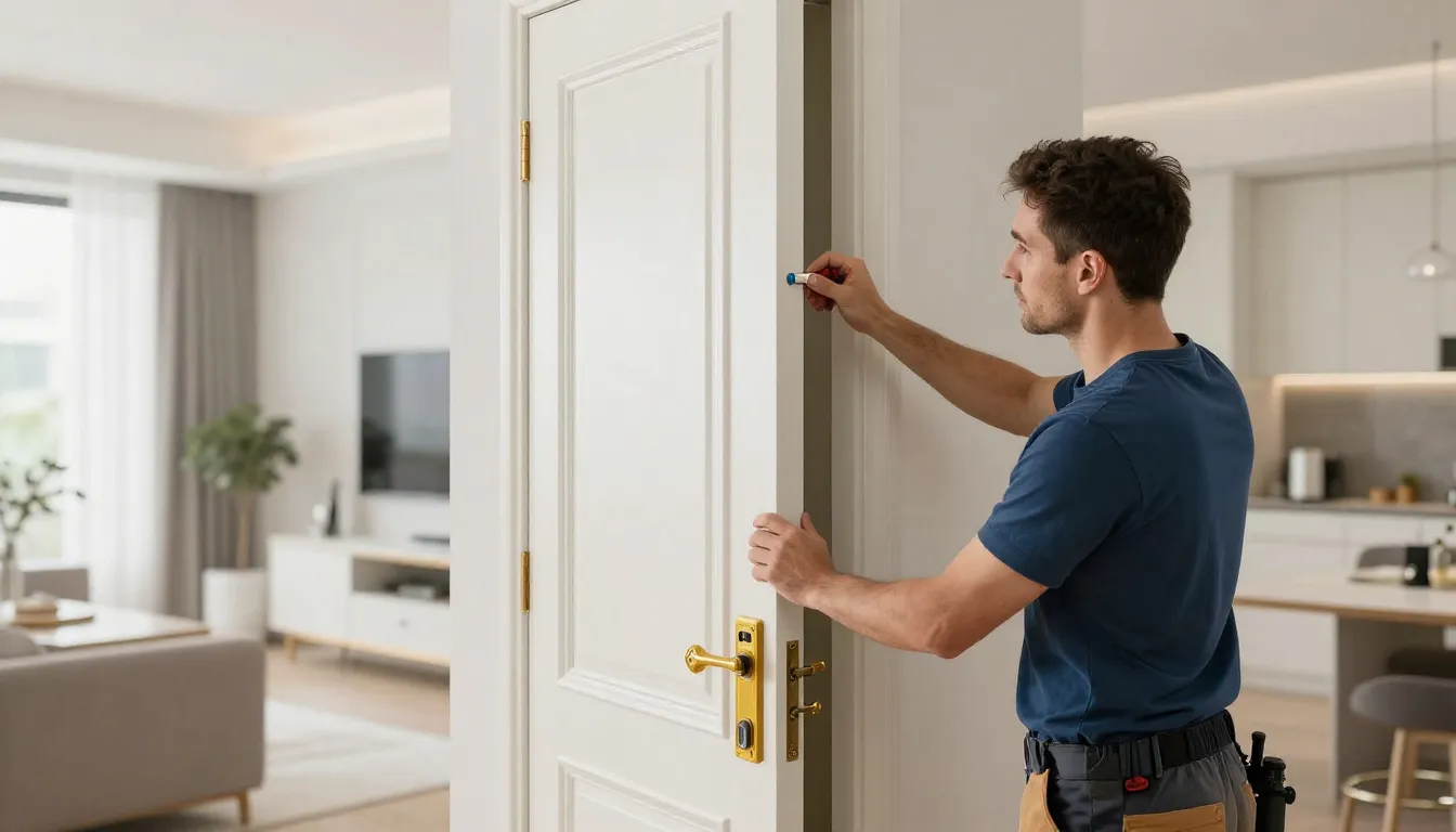 A professional craftsman installing a luxury interior door i...