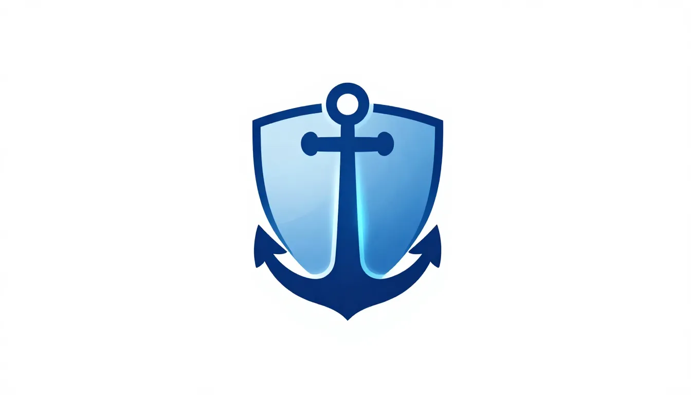 A minimalist logo design of a glowing blue anchor combined w...