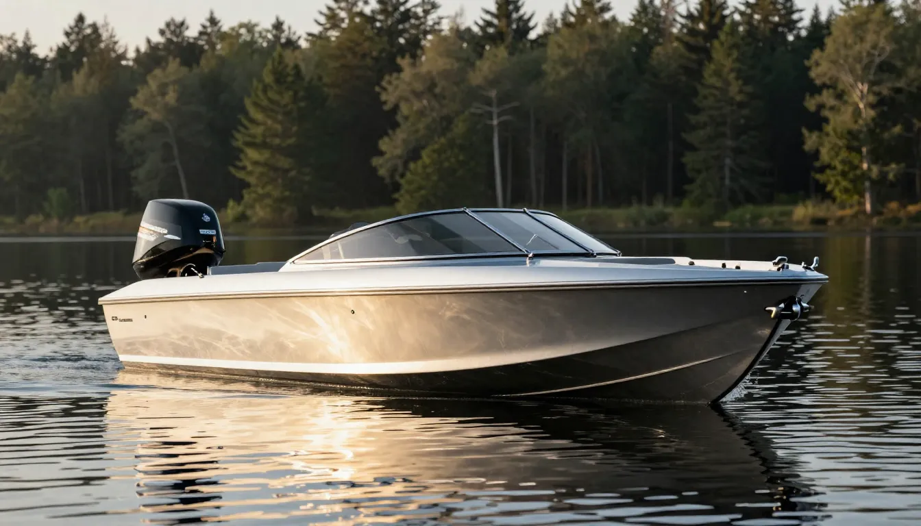 Modern aluminum motorboat on a calm forest lake, silver meta...
