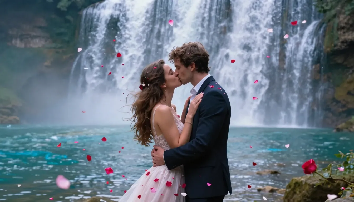 Romantic couple embracing and kissing, surrounded by a whirl...