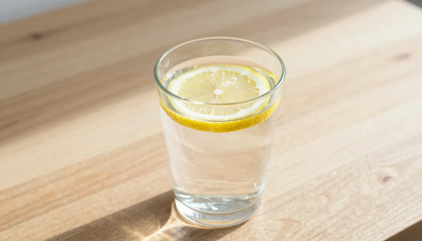 A glass of pure water with a slice of lemon on a wooden tabl...