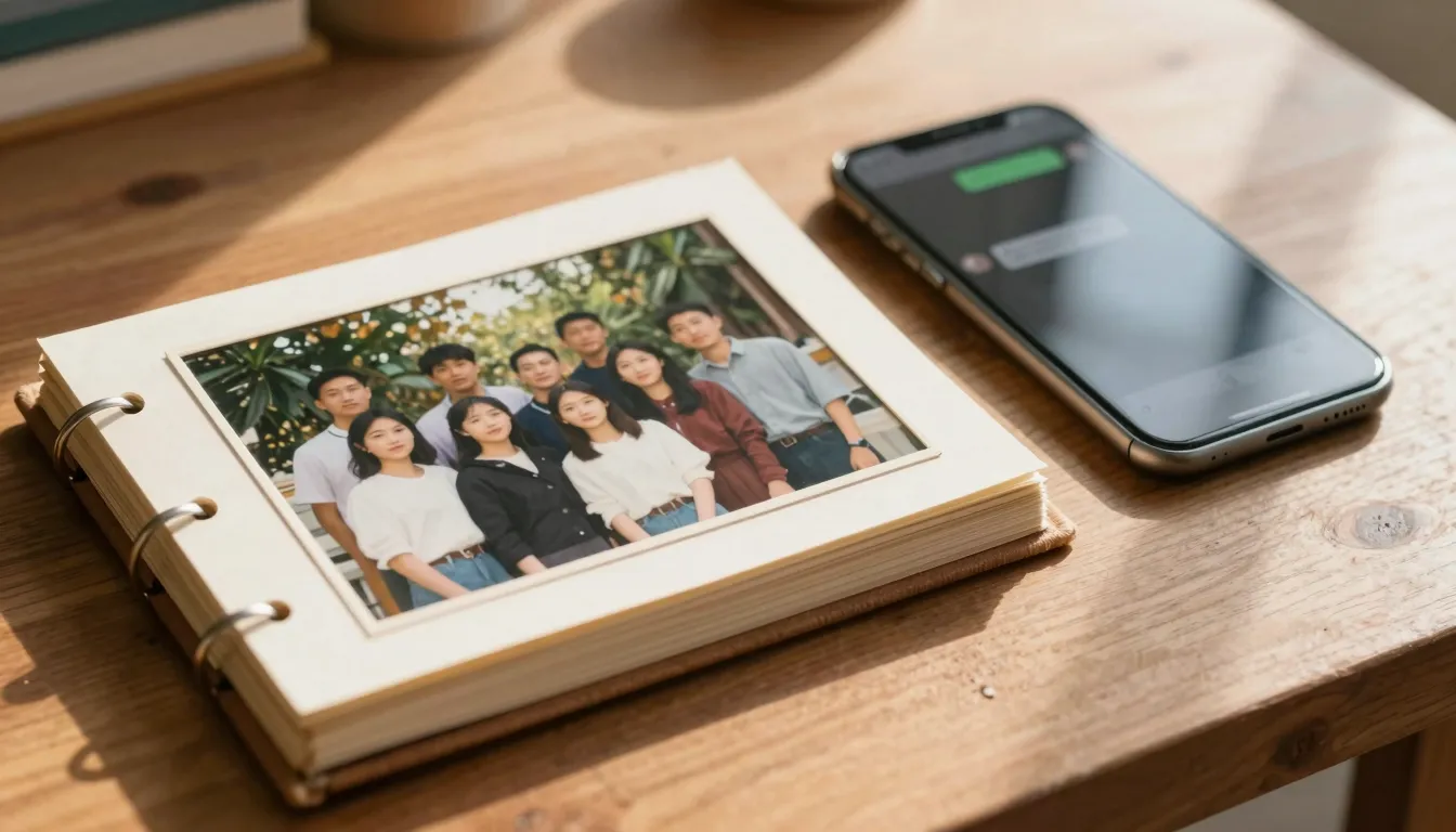 Old school photo album lying on a wooden table next to a mod...