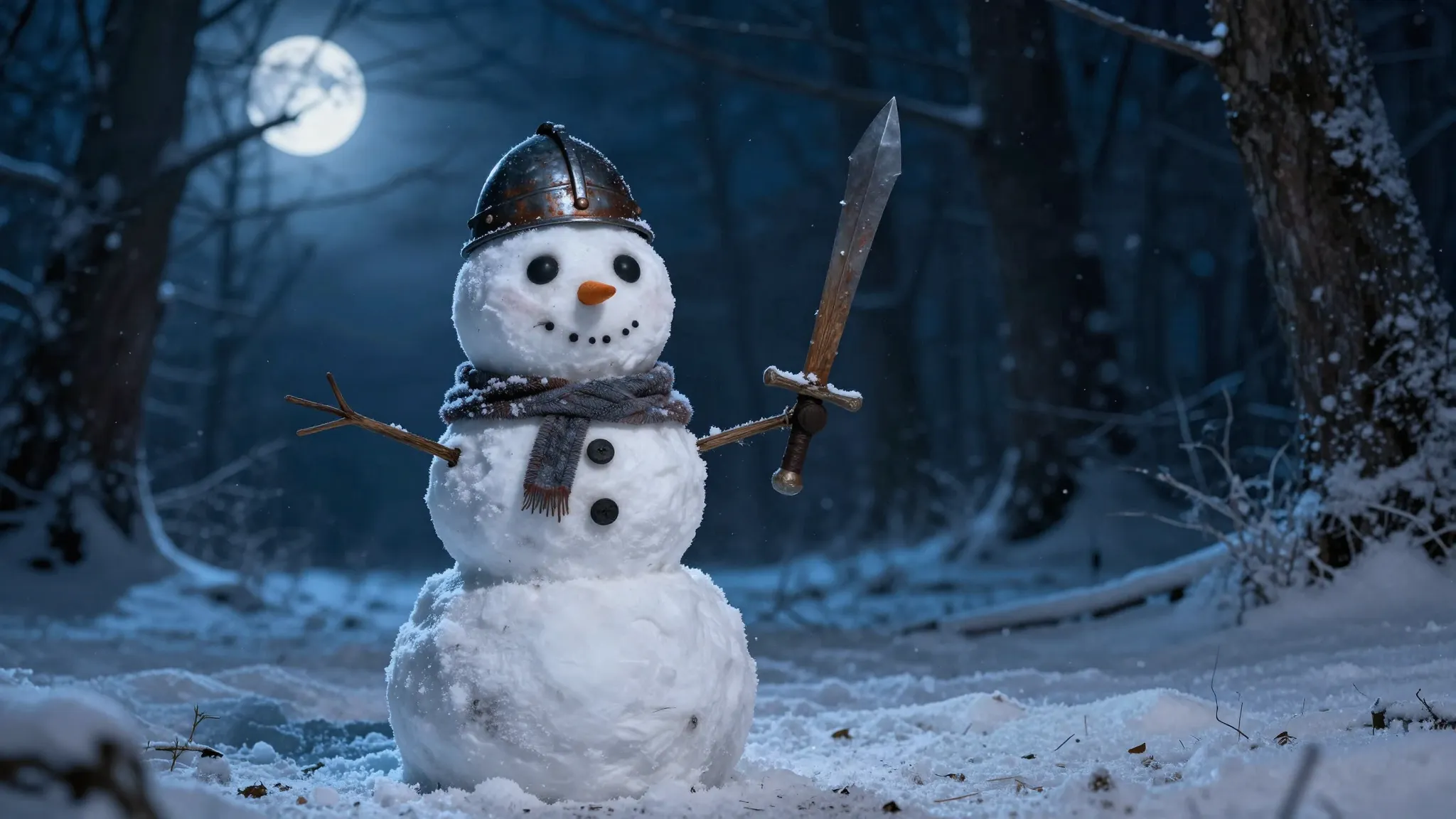 A funny snowman dressed as a dark fantasy knight, wearing a ...