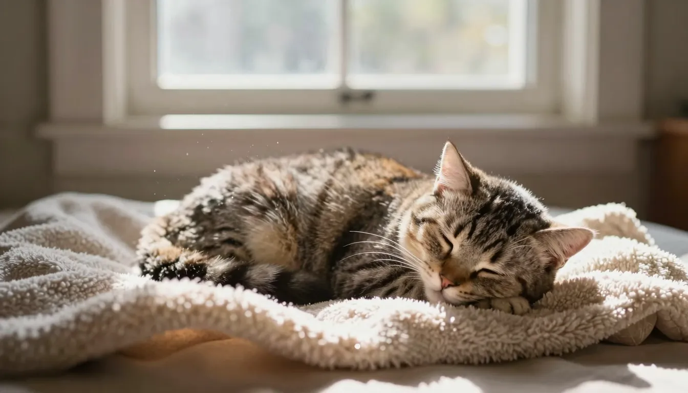 A cozy indoor scene with a cute cat sleeping on a soft blank...