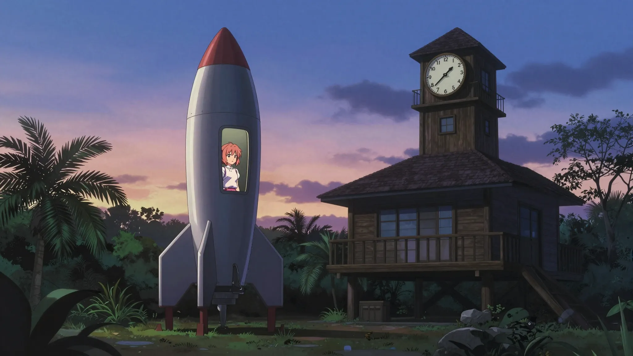 Wide anime shot, a sleek retro rocket standing in a tropical...