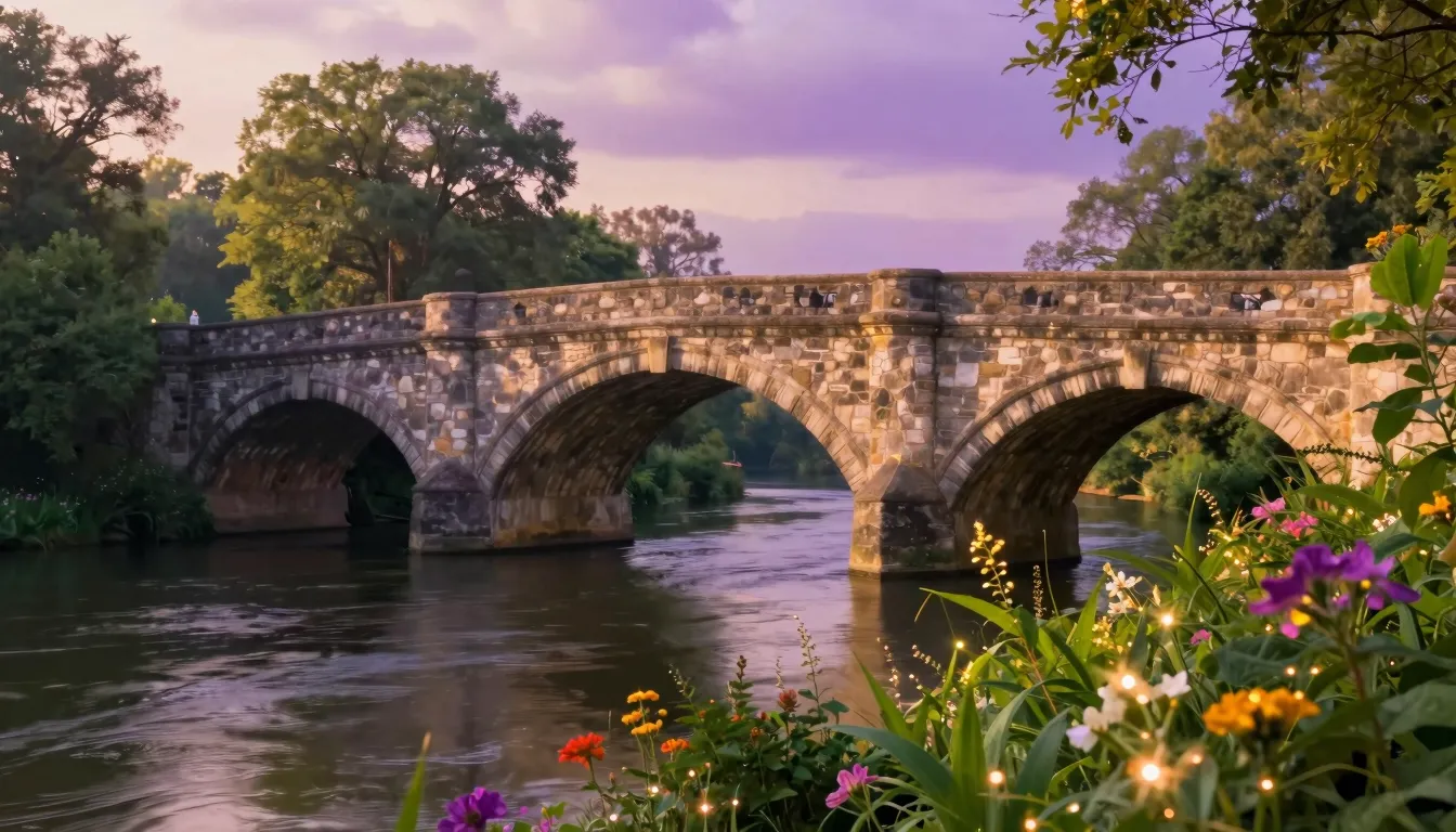 A wide, majestic stone bridge with elegant arches crossing a...