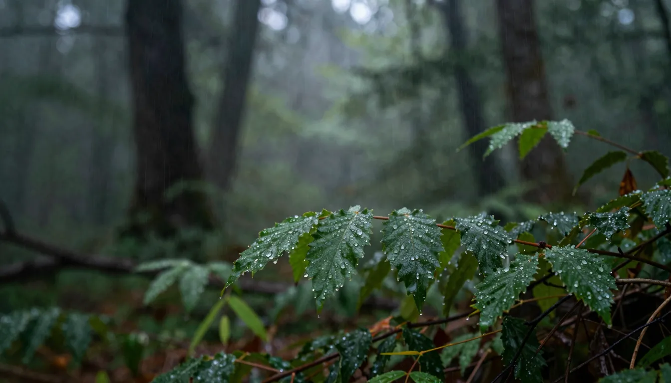 A serene forest after a rain, with dew drops on leaves, soft...