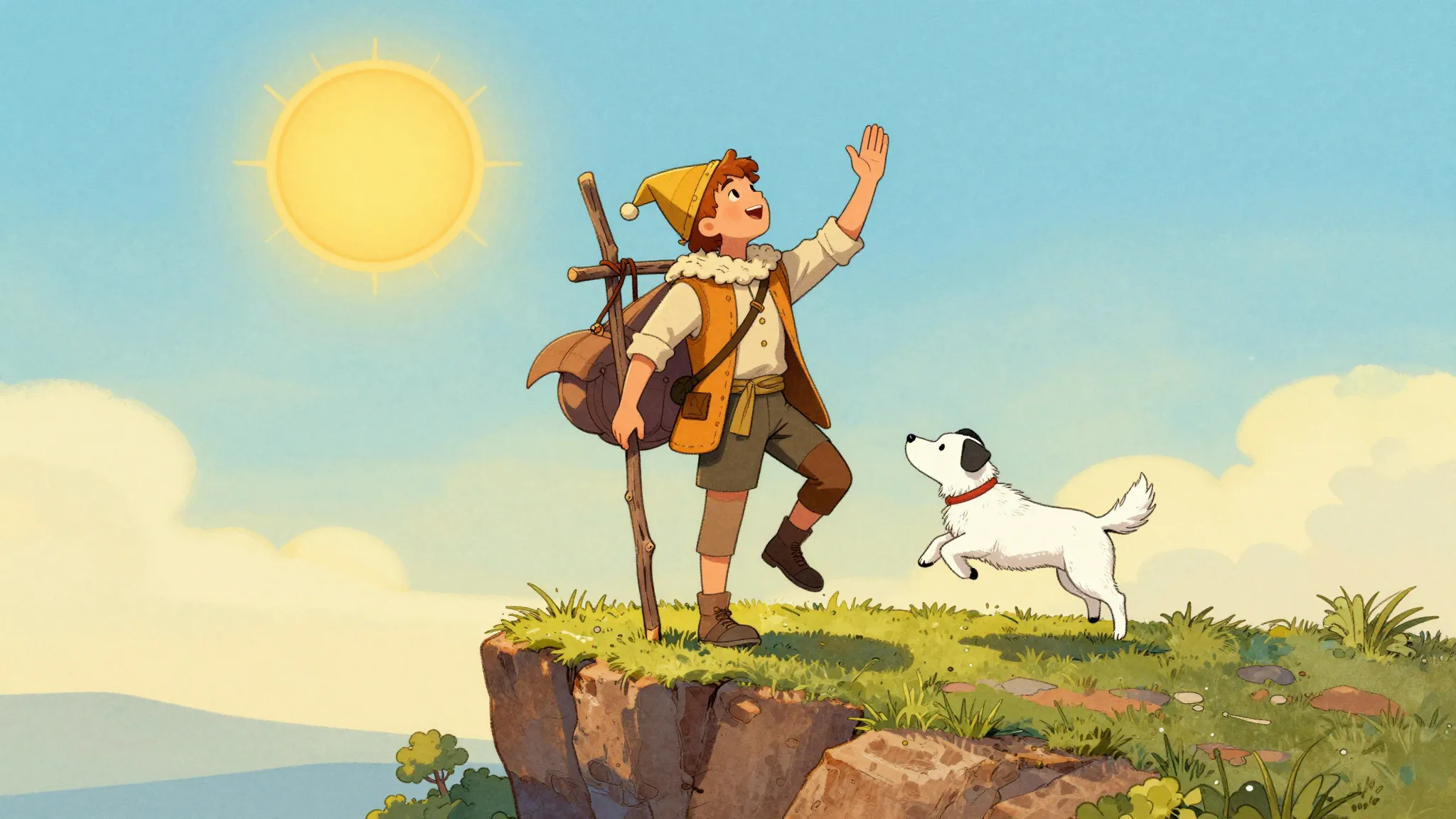 Tarot card illustration of the Fool, a young traveler standi...