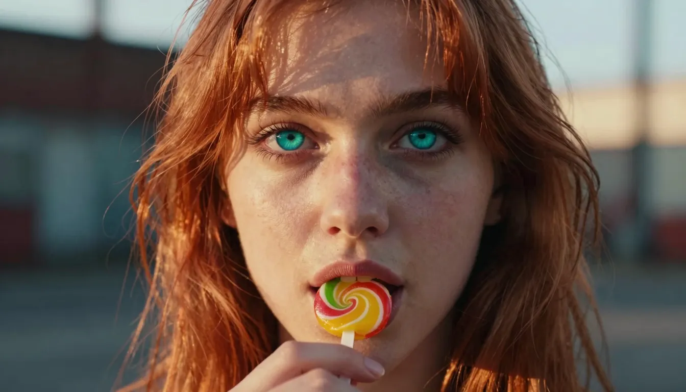 A close-up of a girl with piercing turquoise eyes and copper...