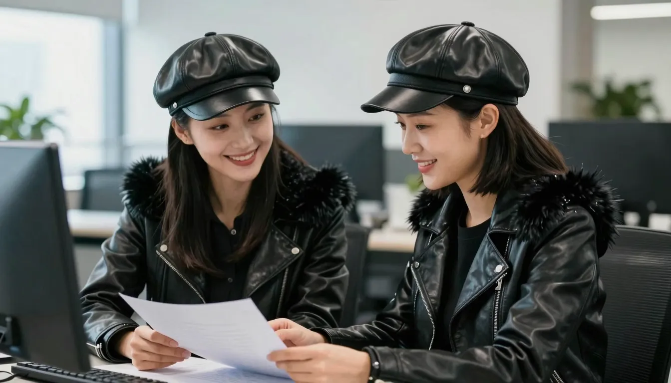 Side view of two friendly Chinese women in a modern office, ...