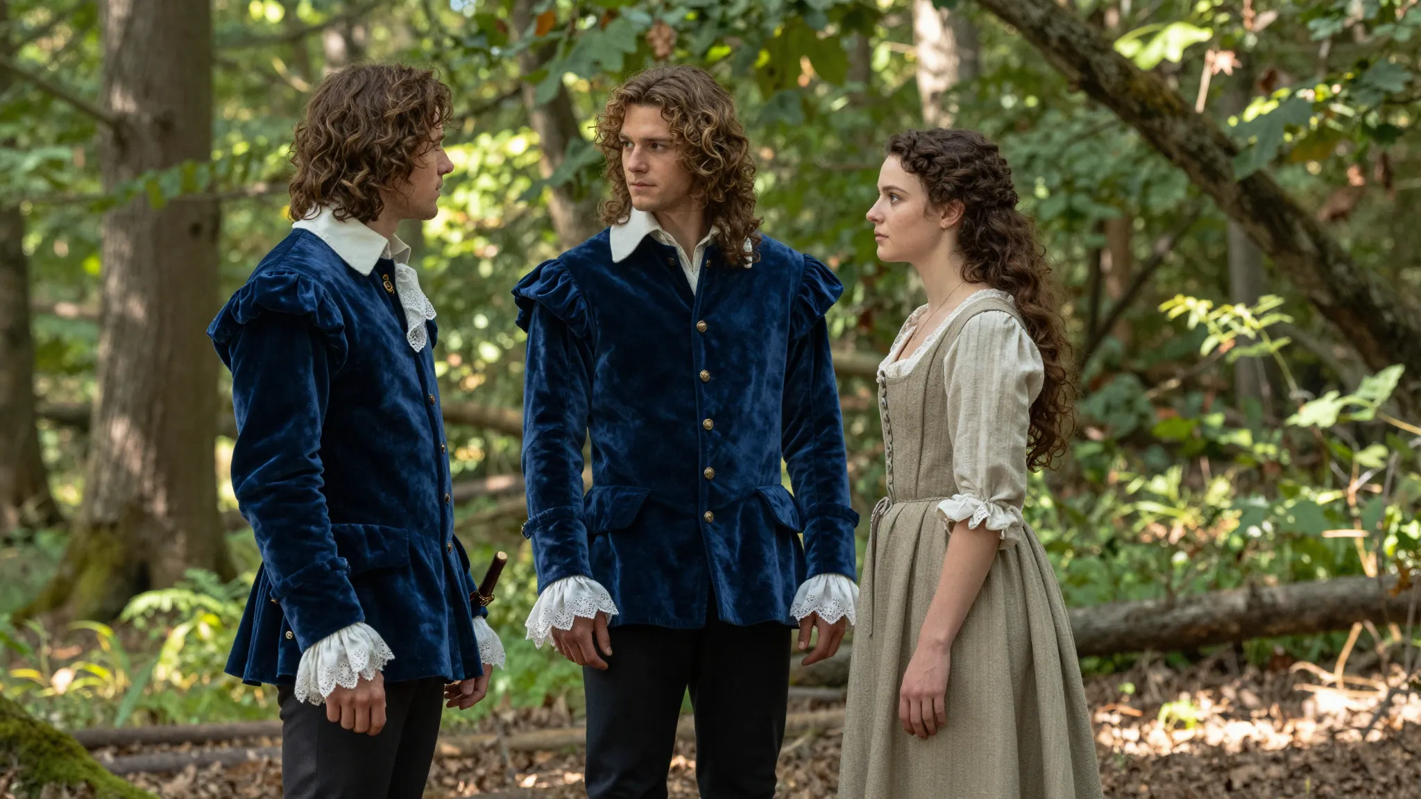 A cinematic scene in a lush 17th-century French forest. A ha...