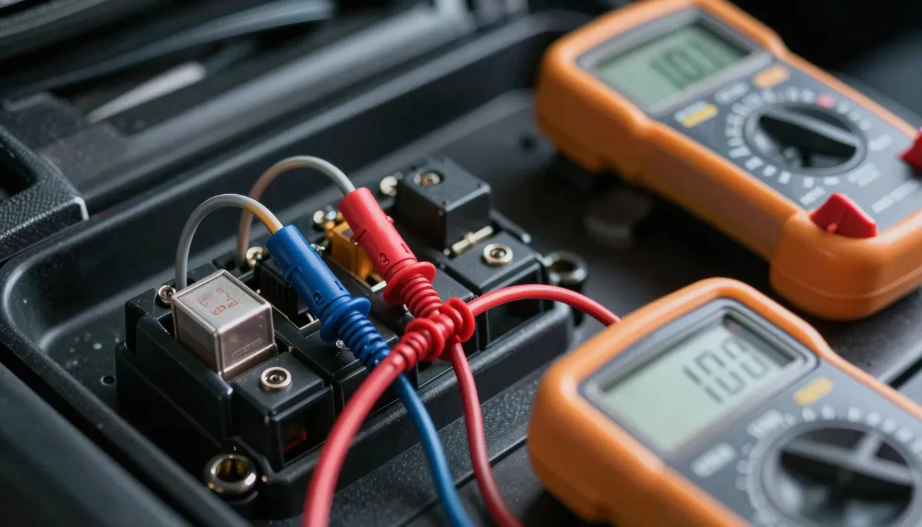 Close up of car fuse box and colorful wires with a digital m...