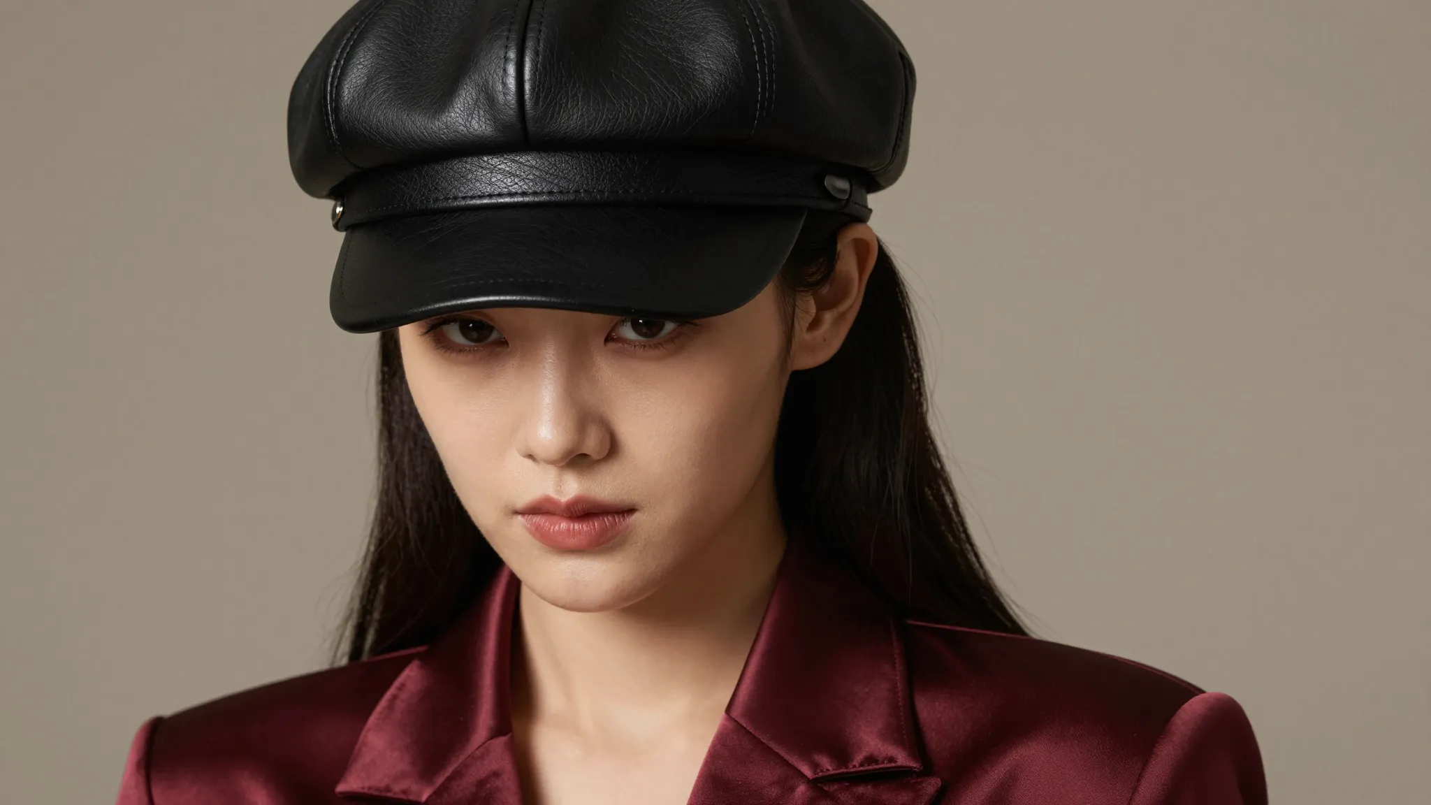 Close-up portrait of a stylish woman in a rich burgundy sati...