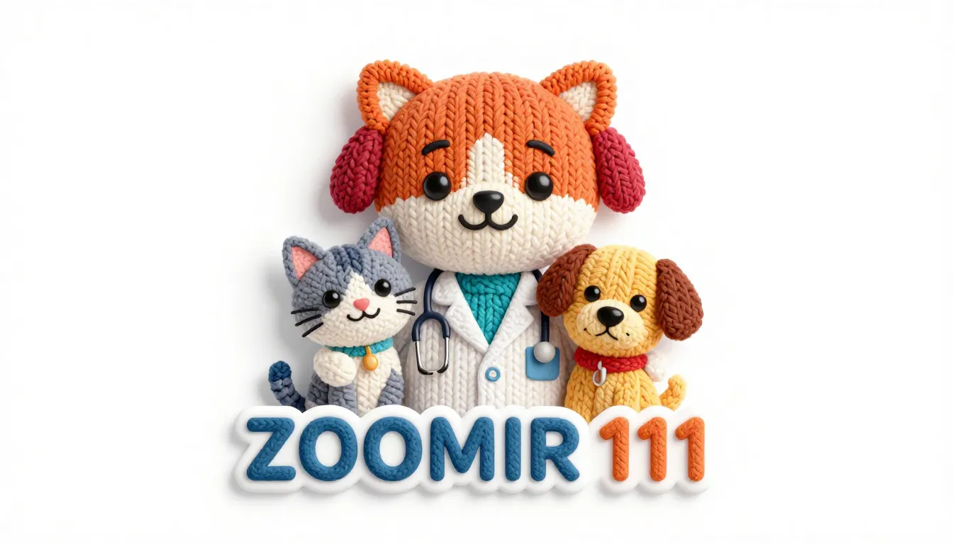 Logo for veterinary store 'ZOOMIR 111', knitted style. A fri...