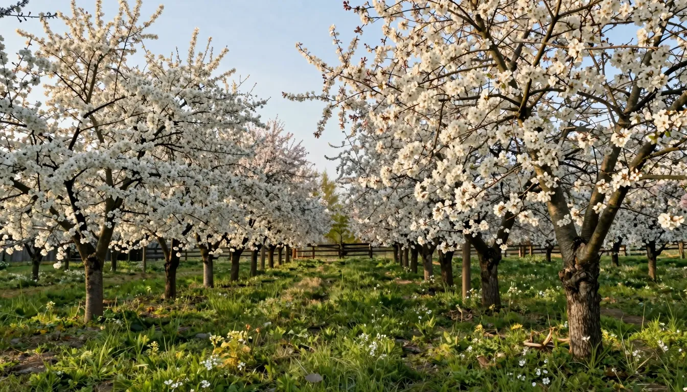 A vast blooming cherry orchard in the European countryside, ...