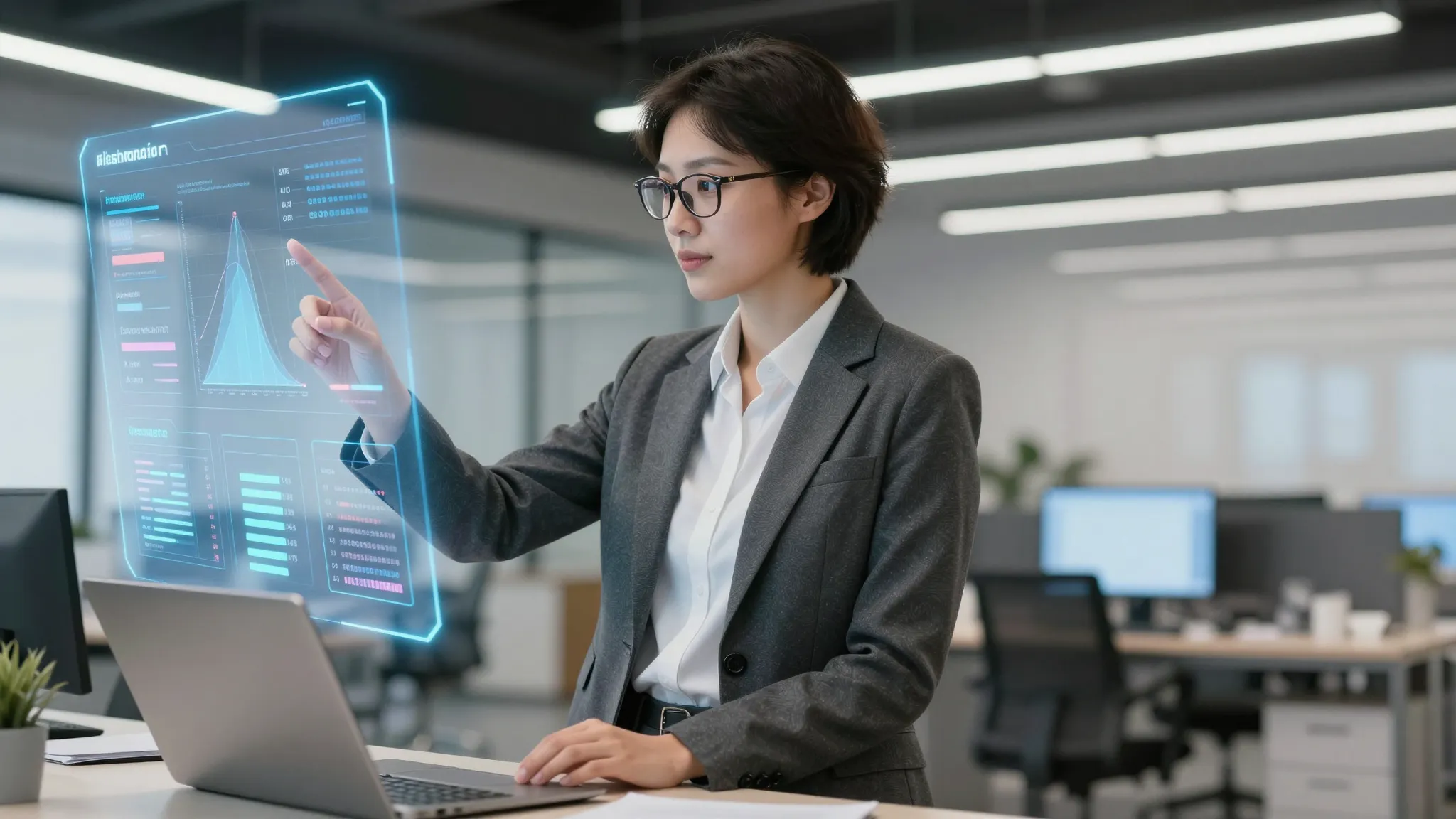 A professional marketing wizard in a modern office, wearing ...