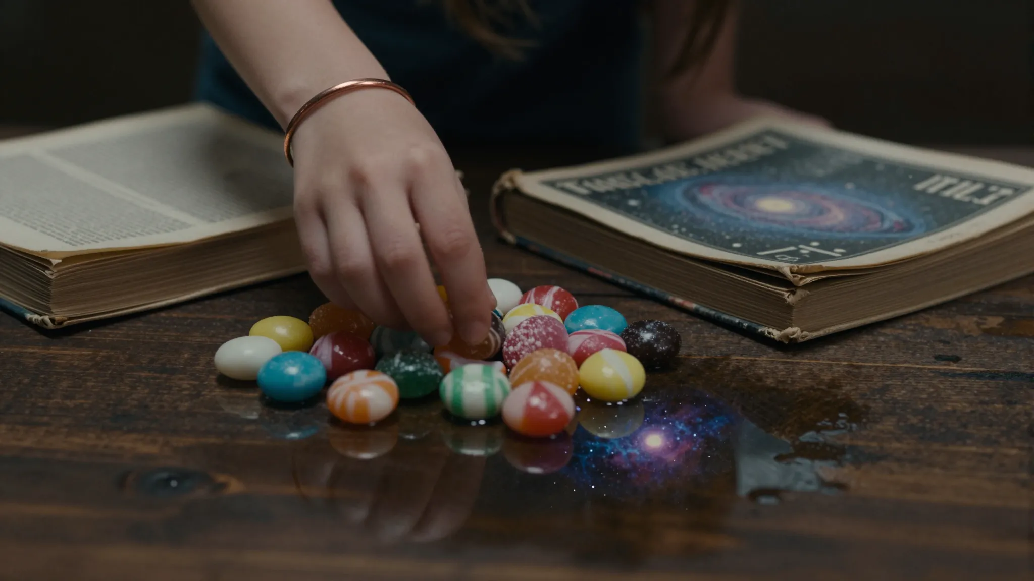 Close-up of a small pile of candies and an old sci-fi book o...