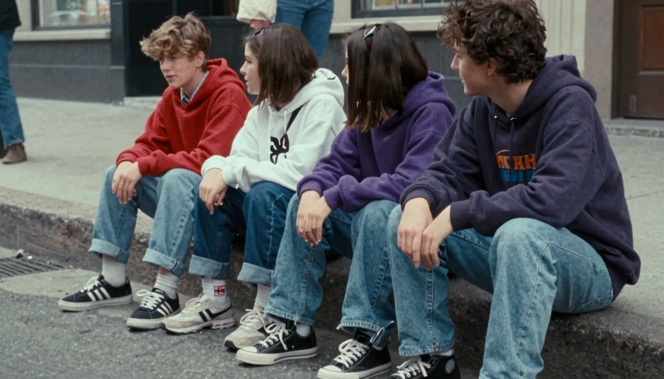 Candid street photography, 1990s aesthetic, teenagers sittin...