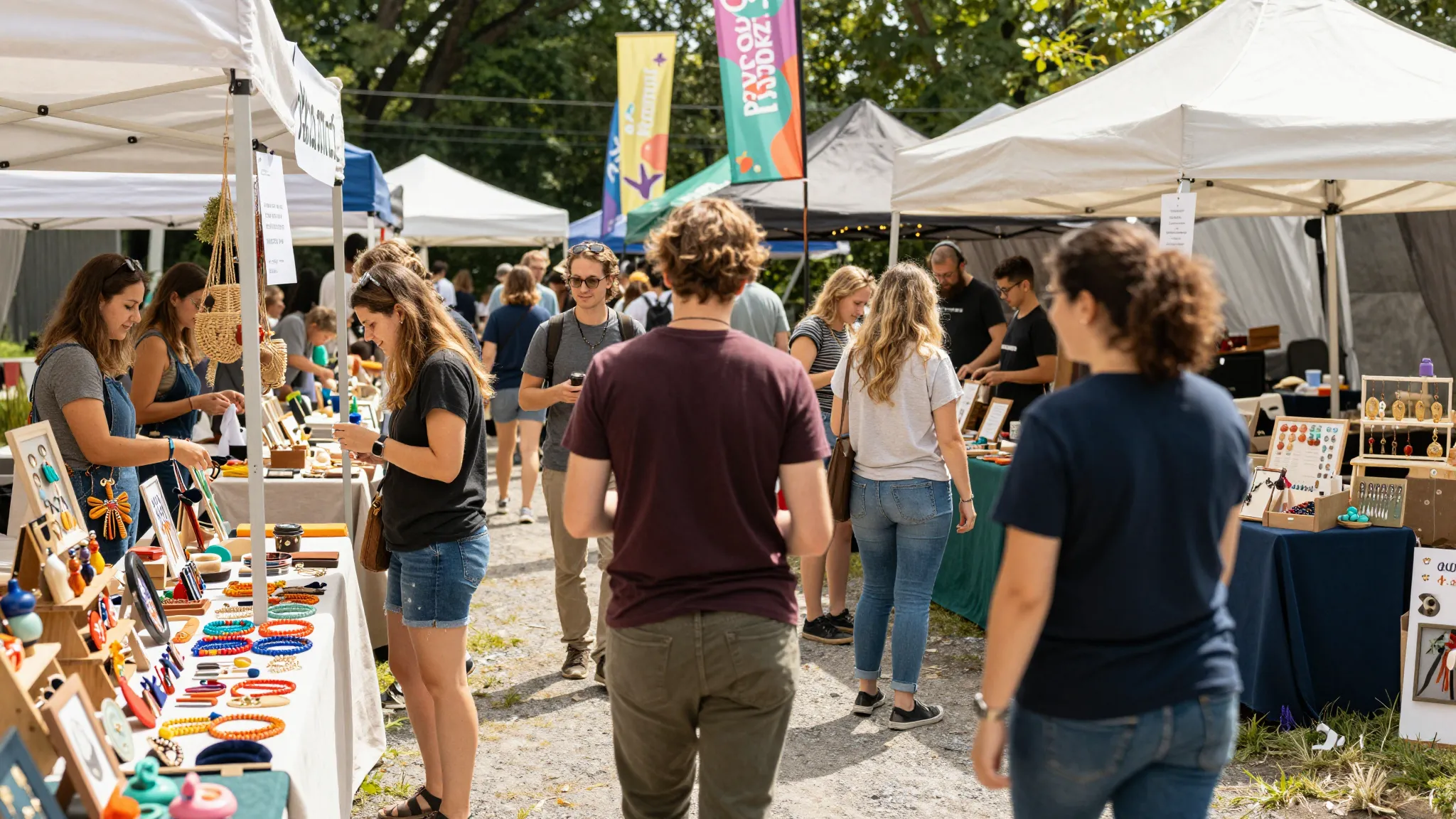 A vibrant and successful outdoor craft market scene. Many di...