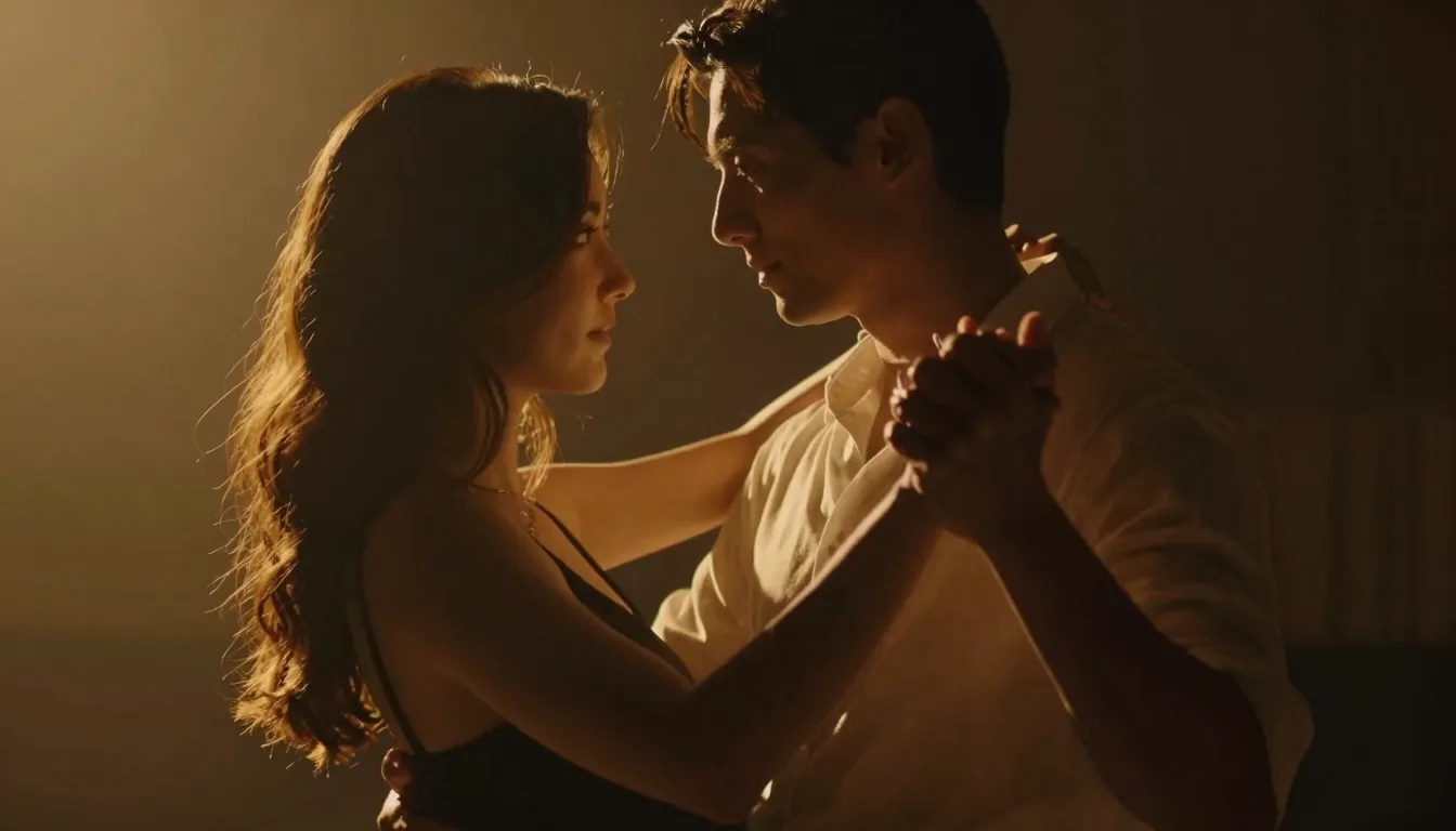 A romantic couple dancing closely in a dimly lit room, warm ...
