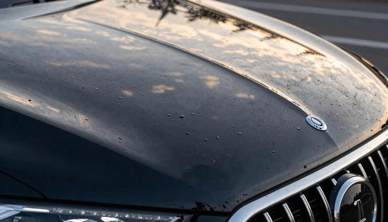 Close-up of a luxury car hood with perfect water beads refle...