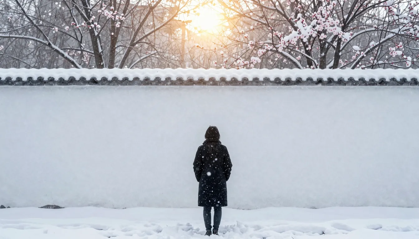 A silhouette of a person standing in a heavy snowstorm, a gi...