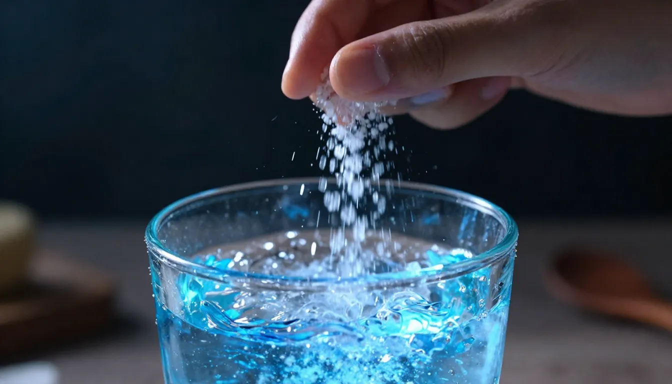 A close-up of a hand sprinkling sparkling salt into a glass ...