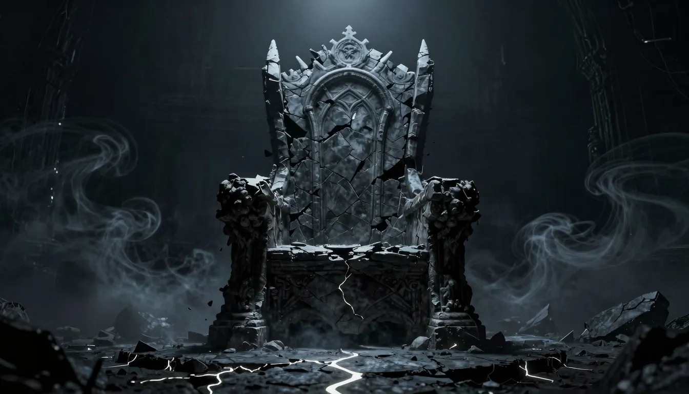 A dark gothic scene with a crumbling stone throne in a void,...