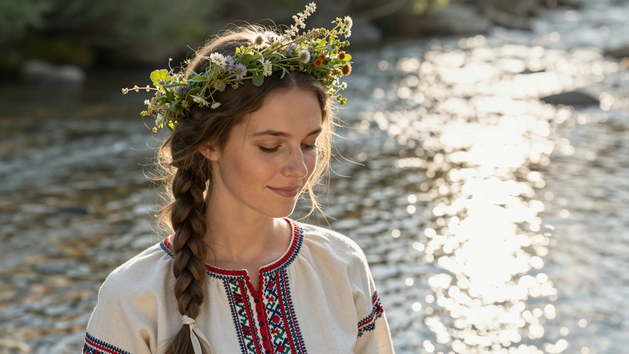 Portrait of a calm woman with a gentle smile, wearing a crow...