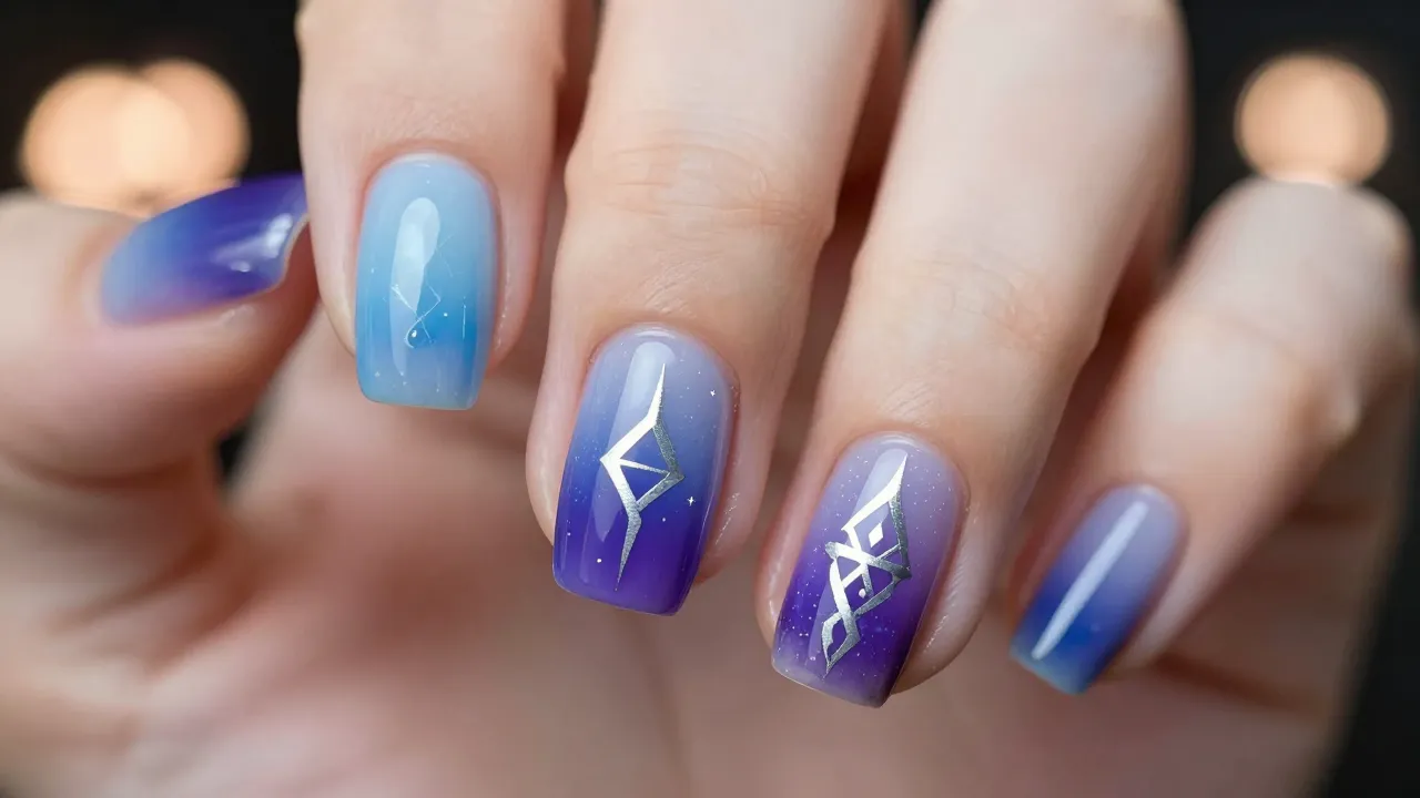 Short nails, vertical ombre, icy blue and deep violet, silve...