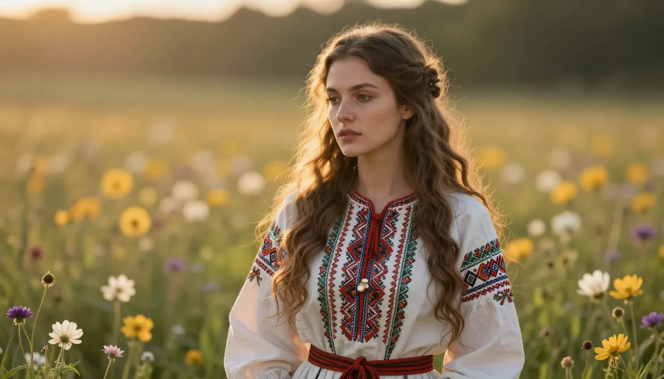 Slavic mythological female spirit in a flower field, traditi...