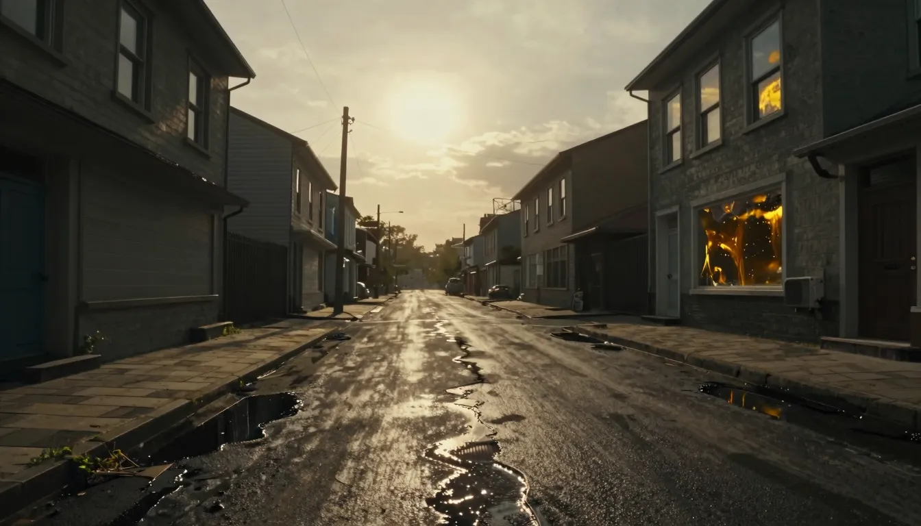 A wide angle view of a city street where the asphalt is turn...