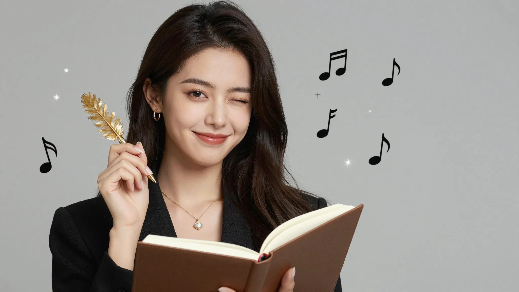 A stylish young woman holding a golden quill pen and a noteb...