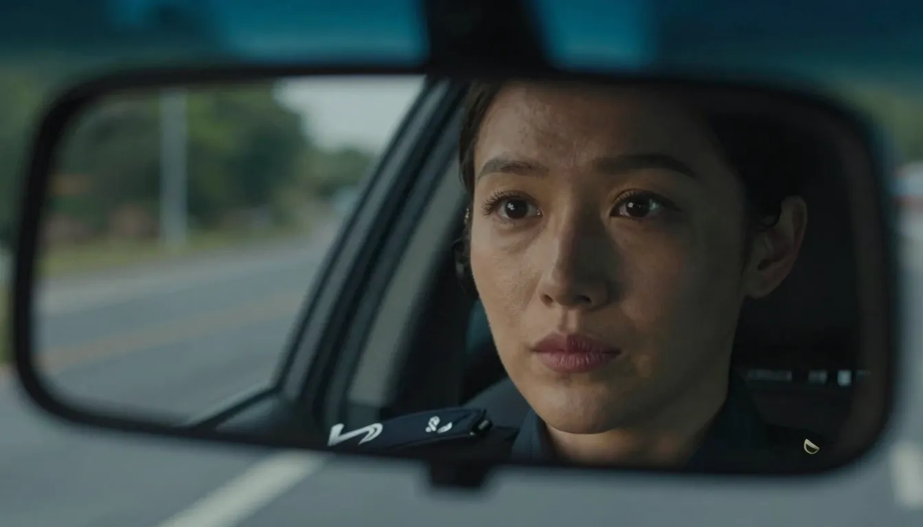 Close-up of a female police officer's face, her eyes alert a...