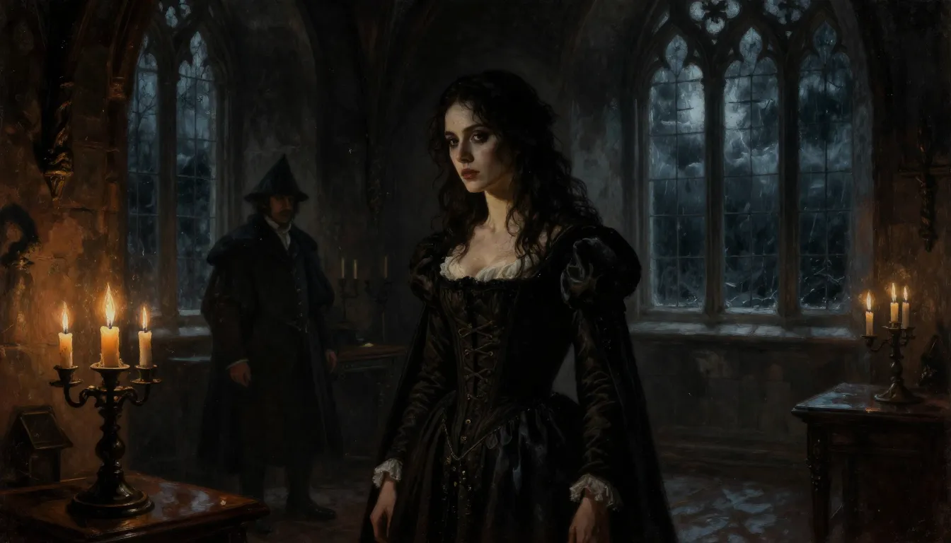 Gothic 16th century castle interior, dim candlelight, a woma...