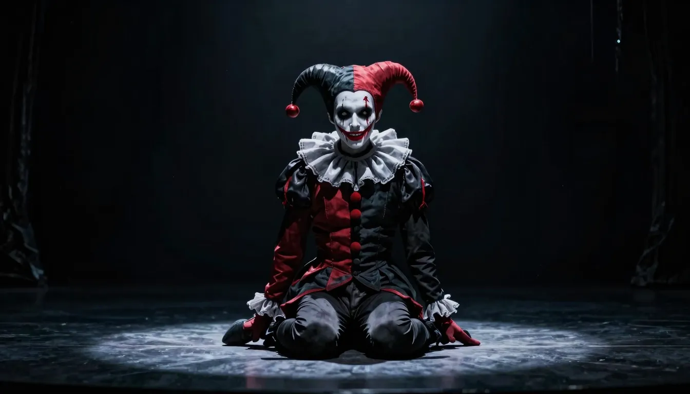 Gothic rock aesthetic, a lonely jester on a dark stage, smea...