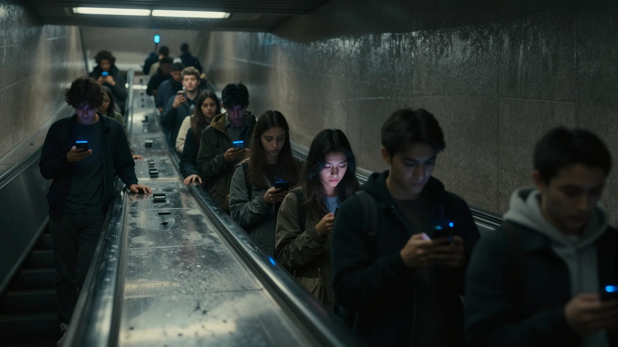 Cinematic shot of a deep subway escalator, moody atmosphere,...