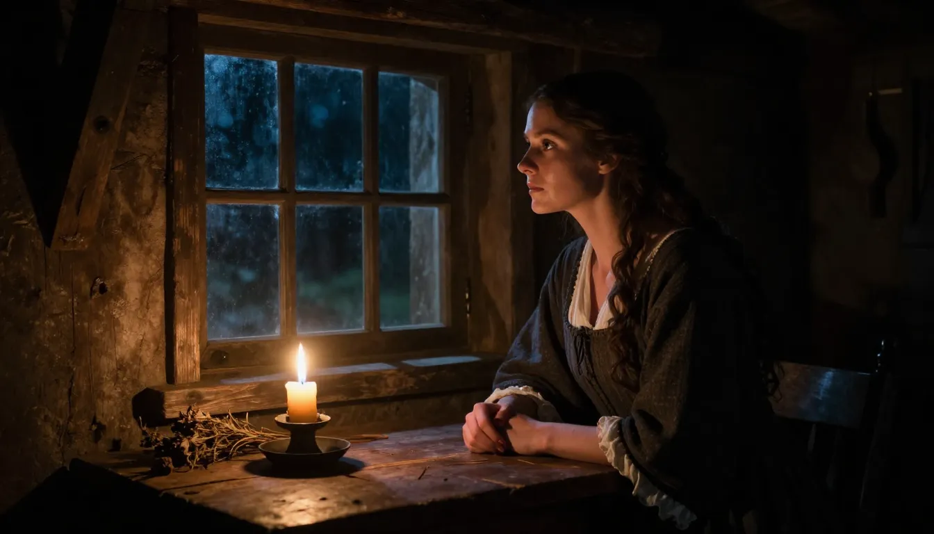 A dramatic scene in a dimly lit medieval cottage, a beautifu...
