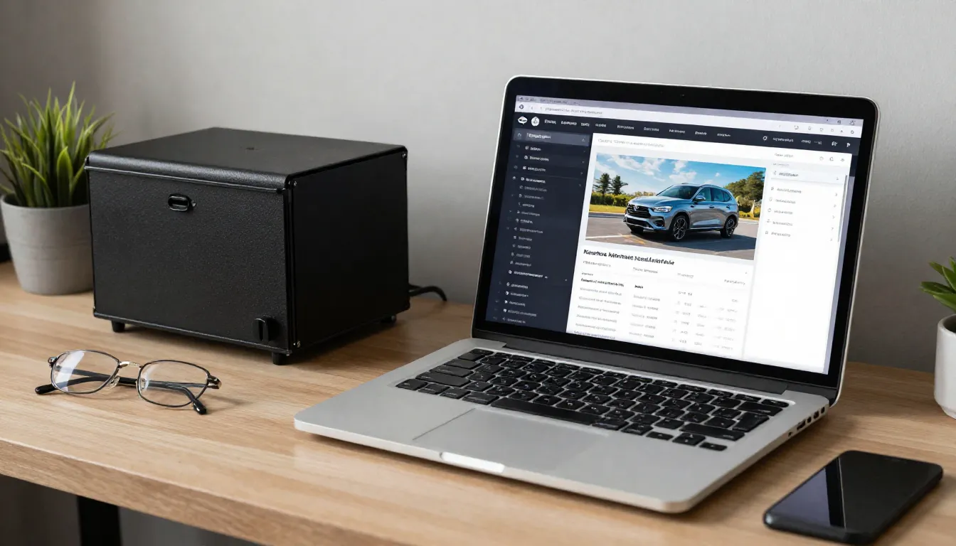 Graphic designer workspace, high-end laptop showing marketpl...