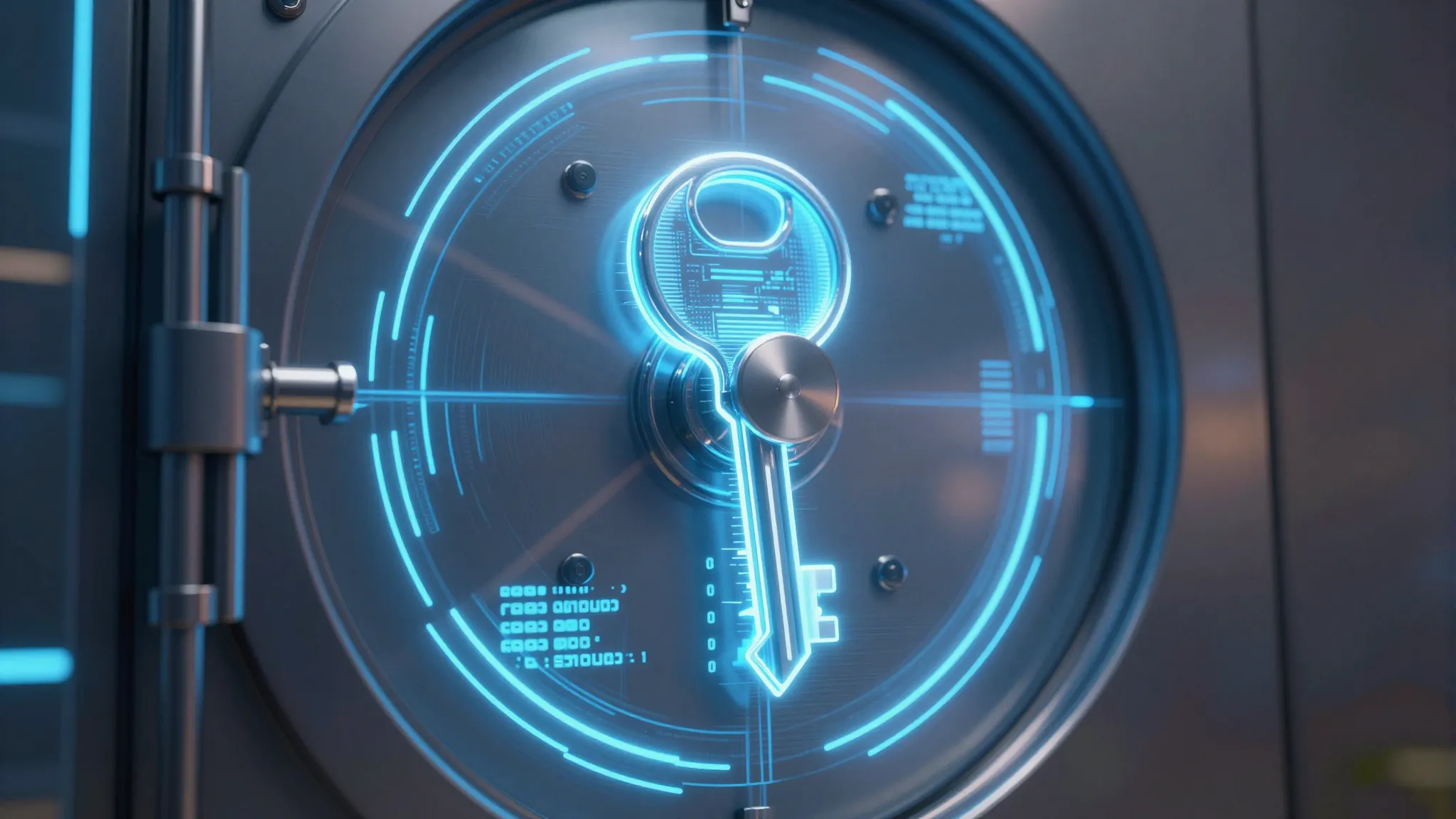 A secure futuristic digital vault with a holographic key, gl...