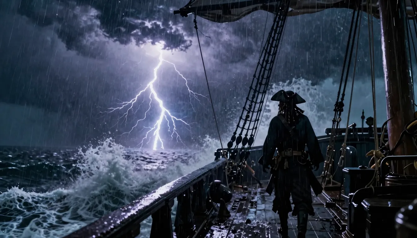Cinematic wide shot of a pirate silhouette on a ship deck du...