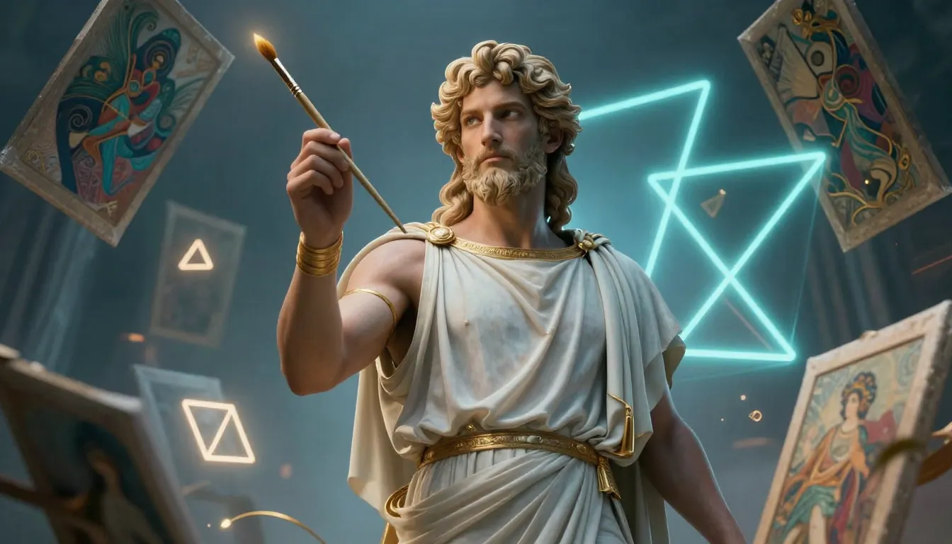 A majestic Greek god Apollo holding a golden paintbrush, sur...