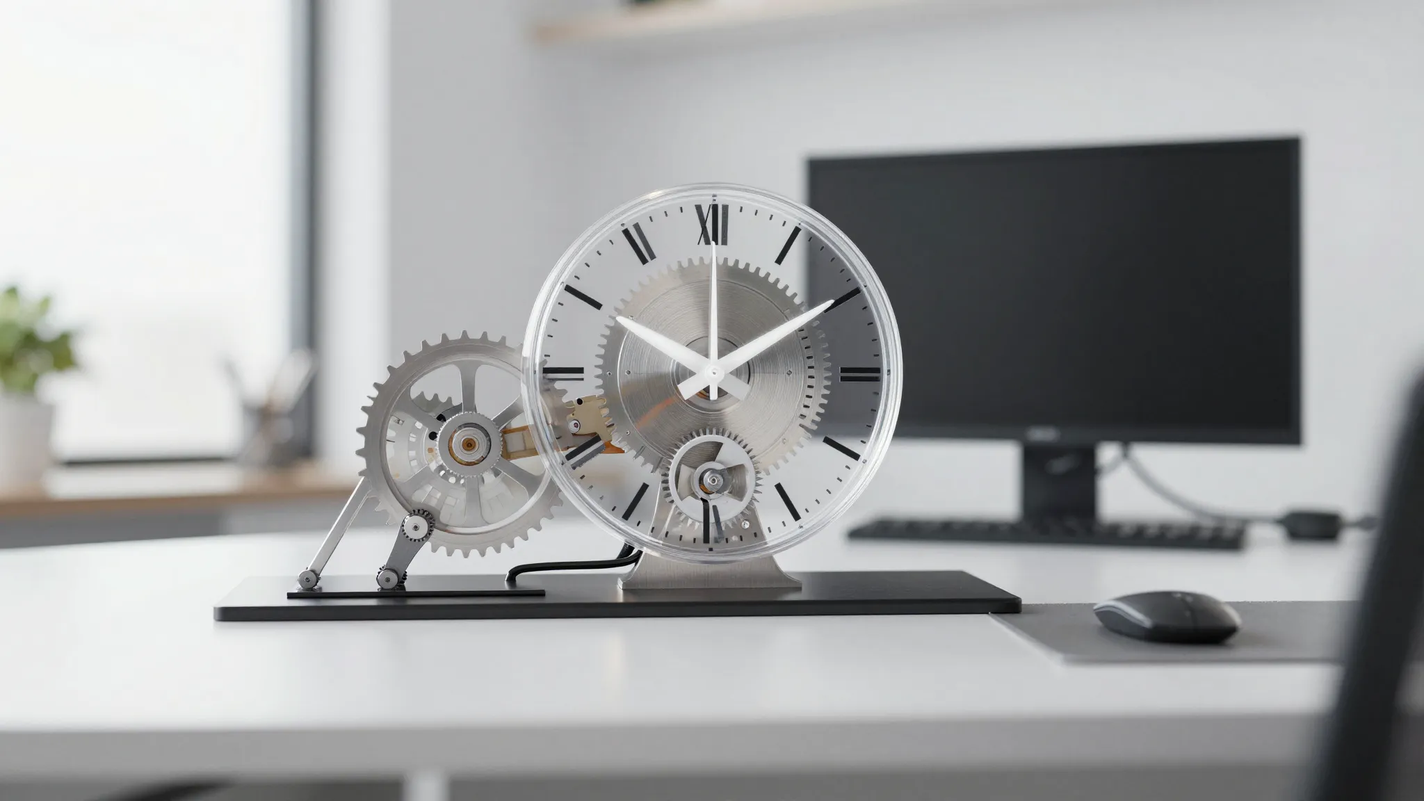 A transparent clockwork mechanism integrated into a modern o...
