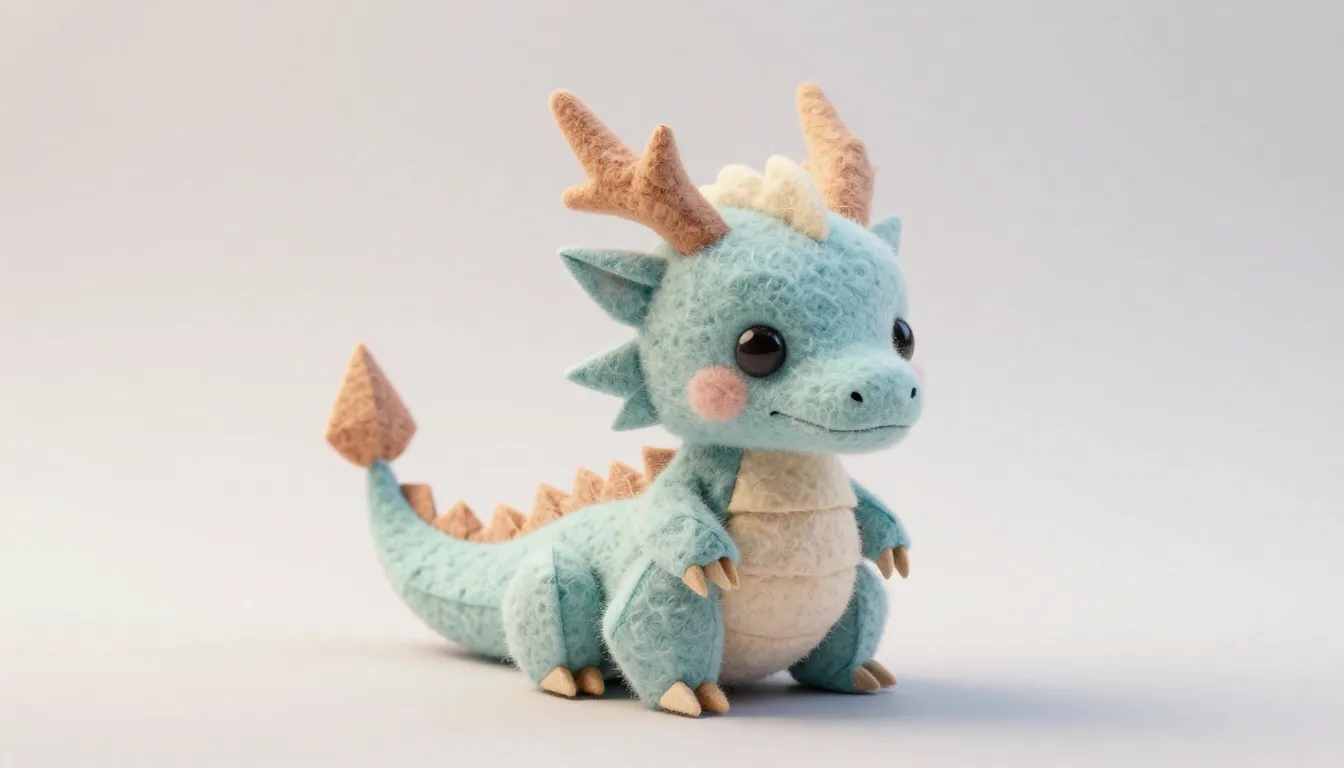 A cute dragon character made of textured felt and wool, but ...