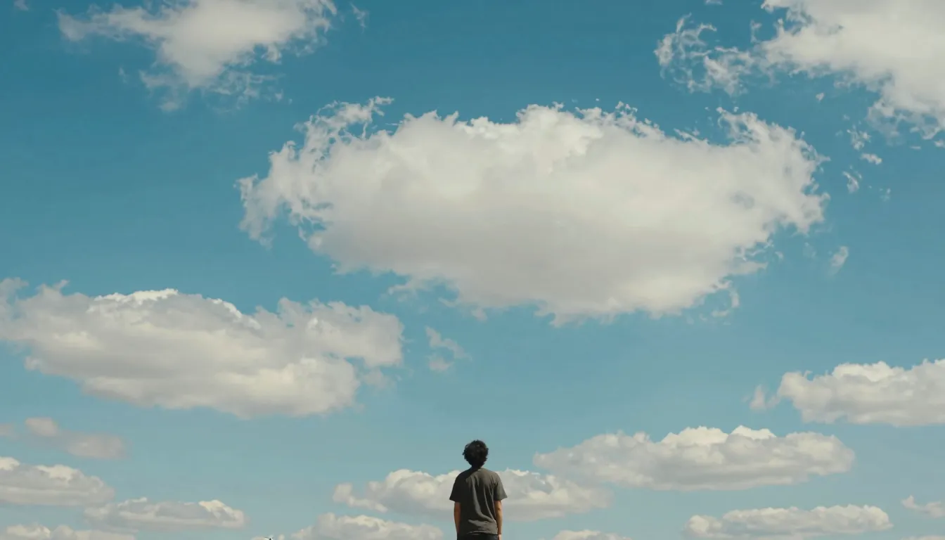 A peaceful landscape with a person looking up at a vast, bri...