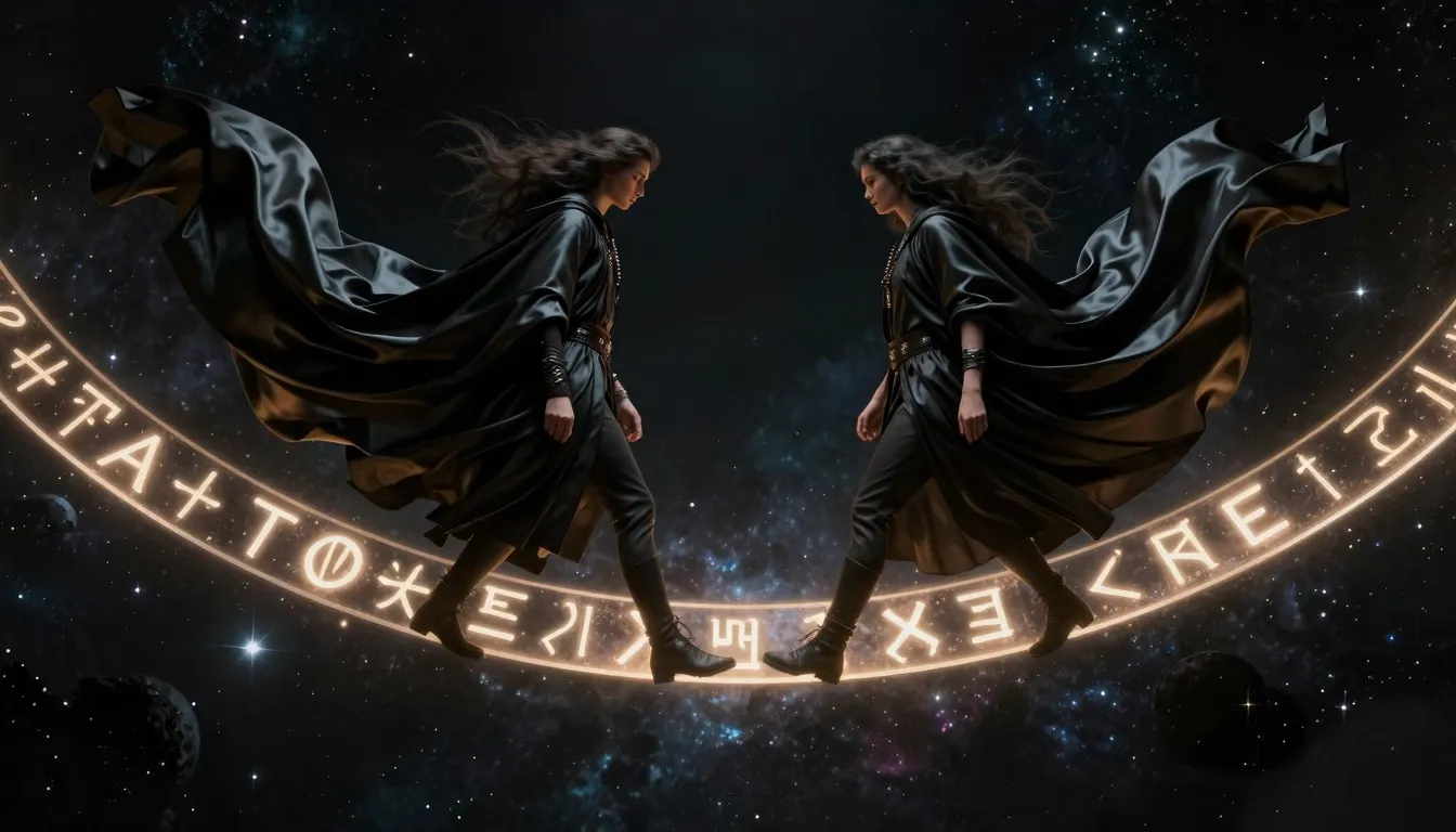 Ethereal dark fantasy illustration, two figures crossing a c...