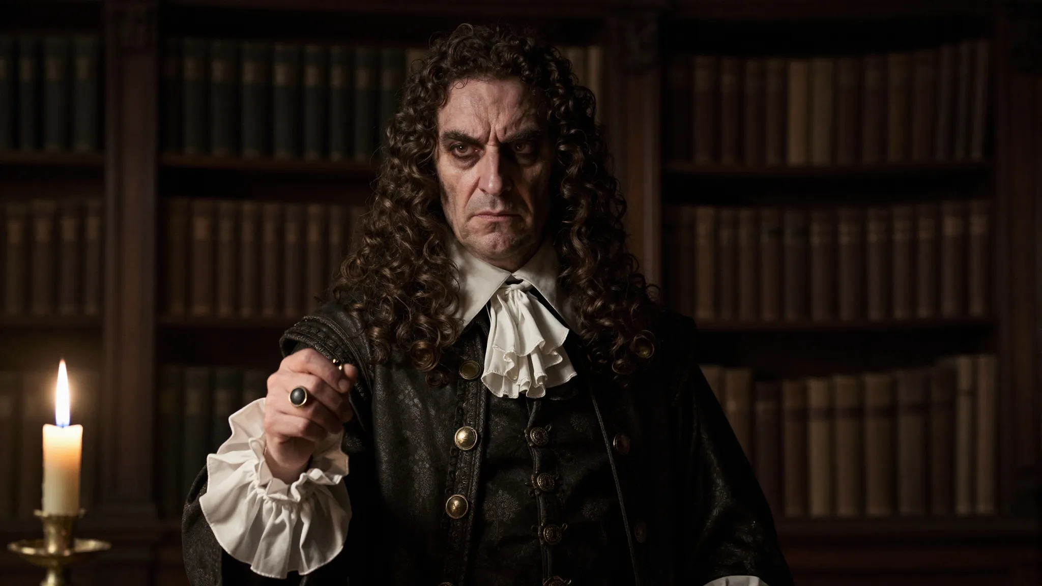 A stern 17th-century French Count with a face of cold fury, ...