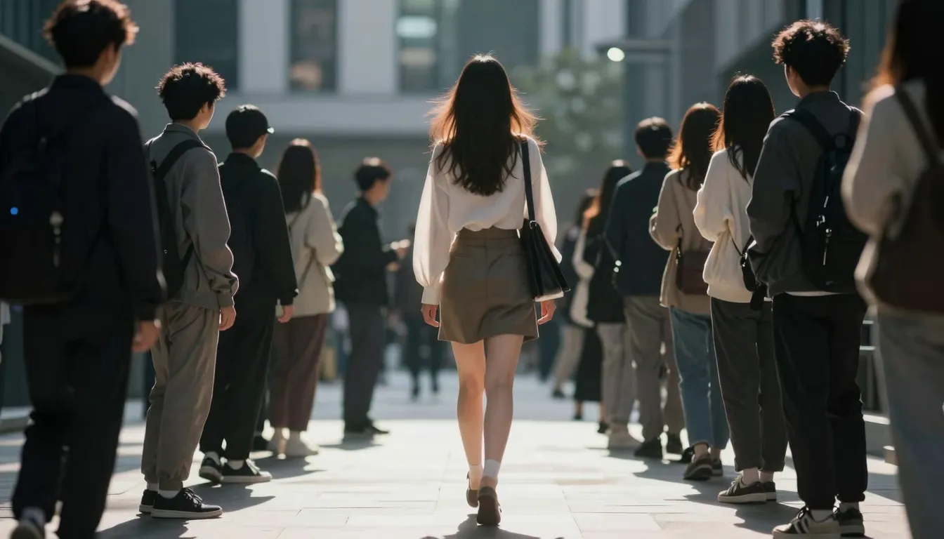 A stylish woman walking away from a crowd of whispering shad...