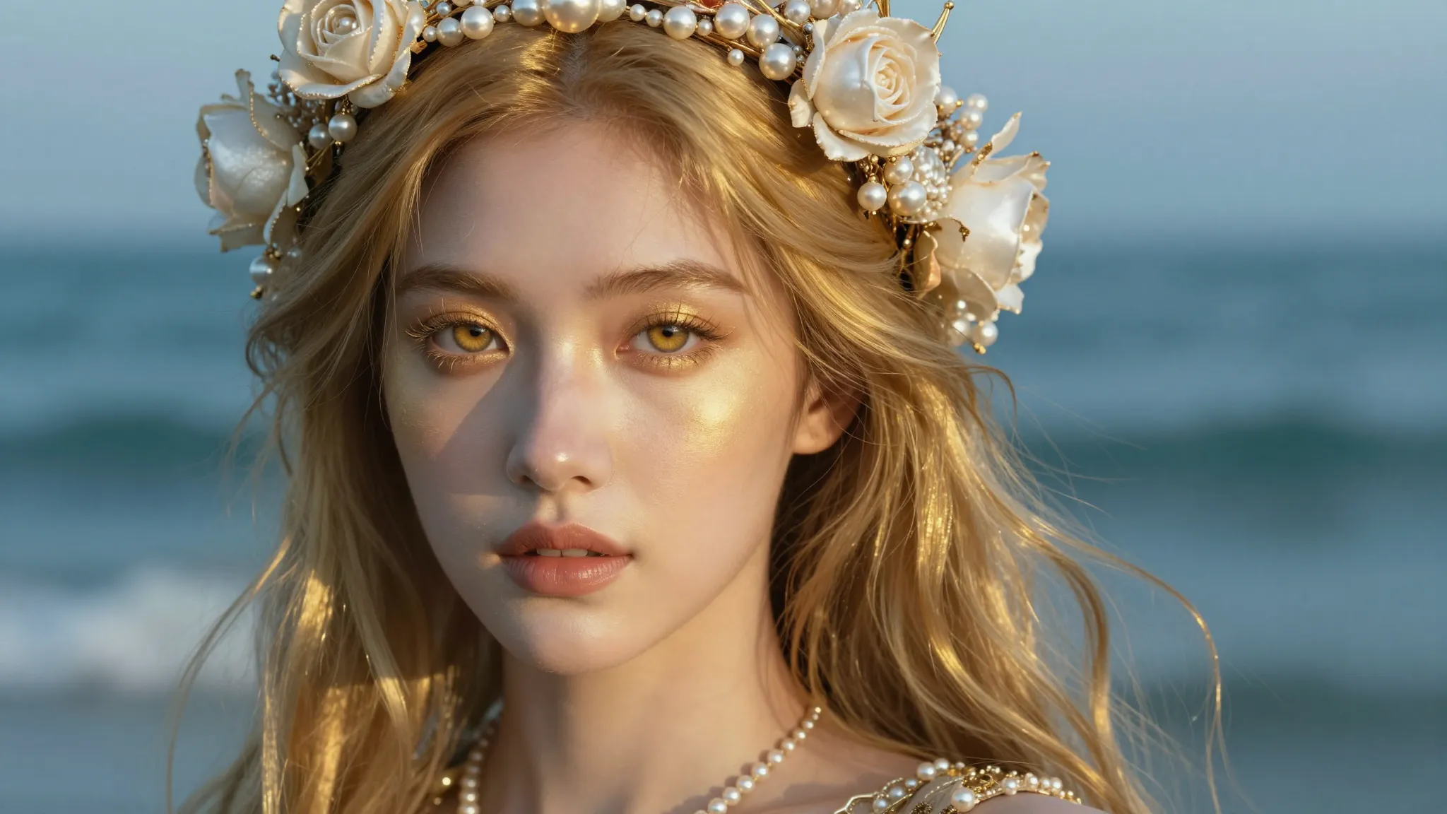 Hyper-realistic portrait of a goddess with golden eyes and s...