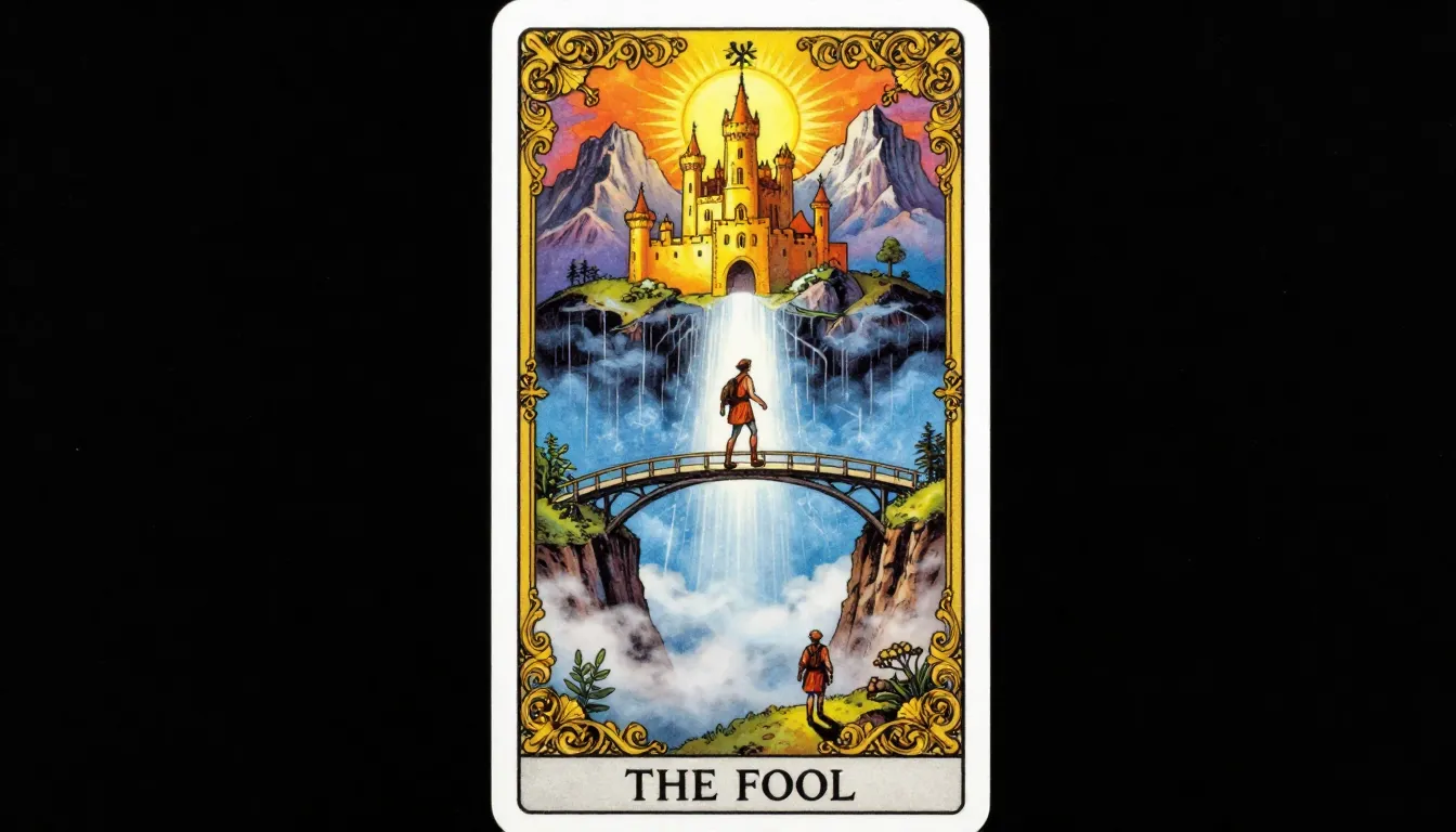 A single vertical tarot card with a complex, multi-layered c...